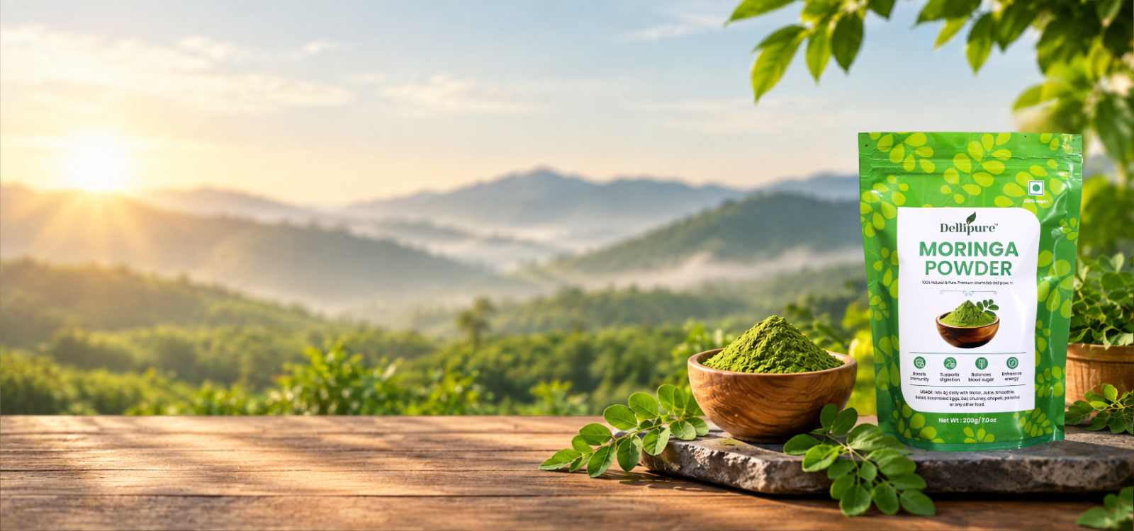 Dellipure moringa powder surrounded by fresh moringa leaves