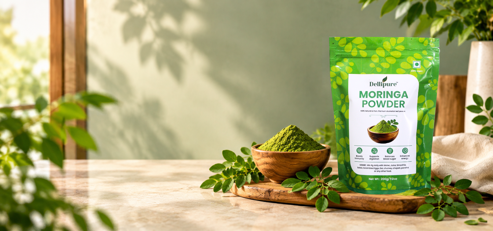 Moringa powder in a bright kitchen setting