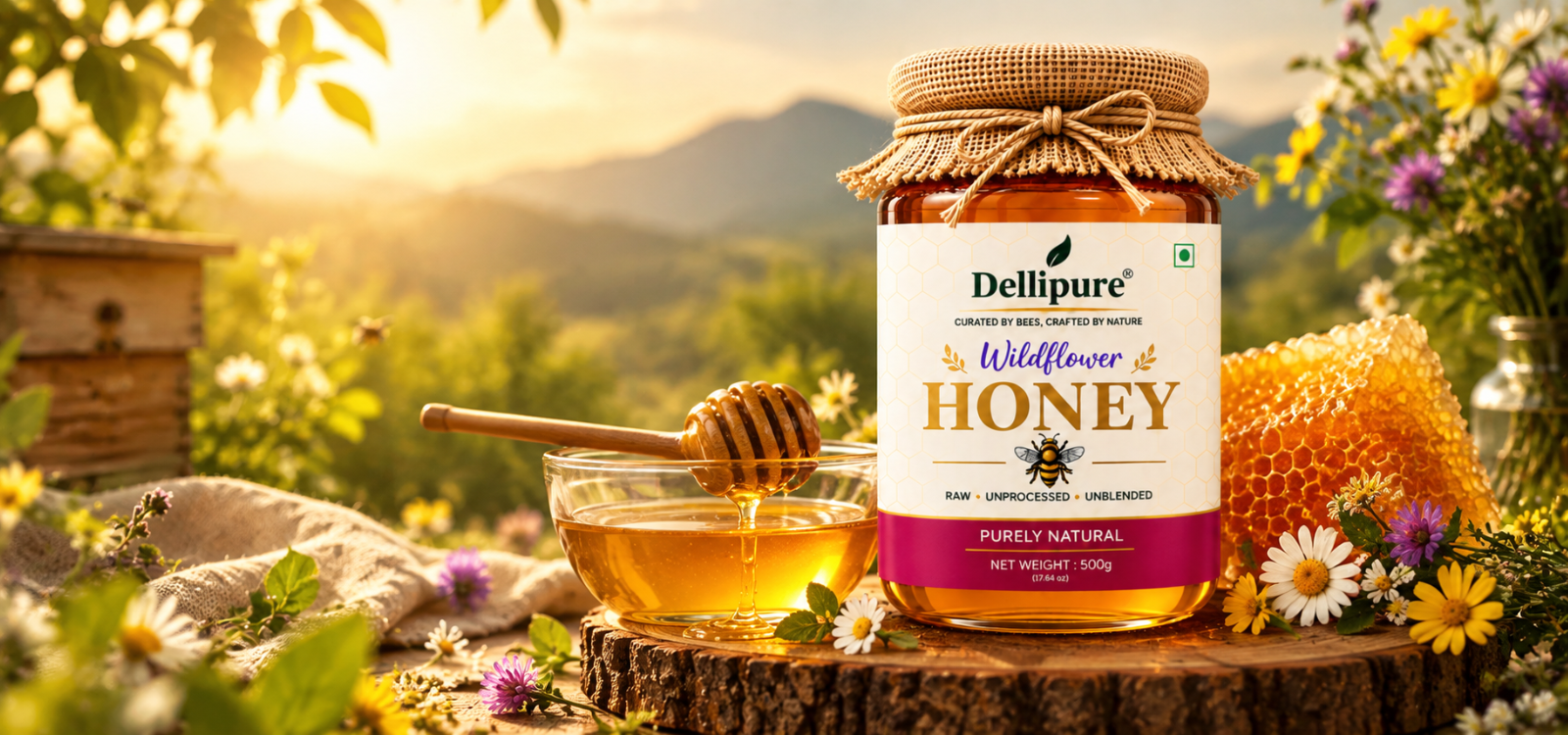 Dellipure wildflower honey in a warm natural setting
